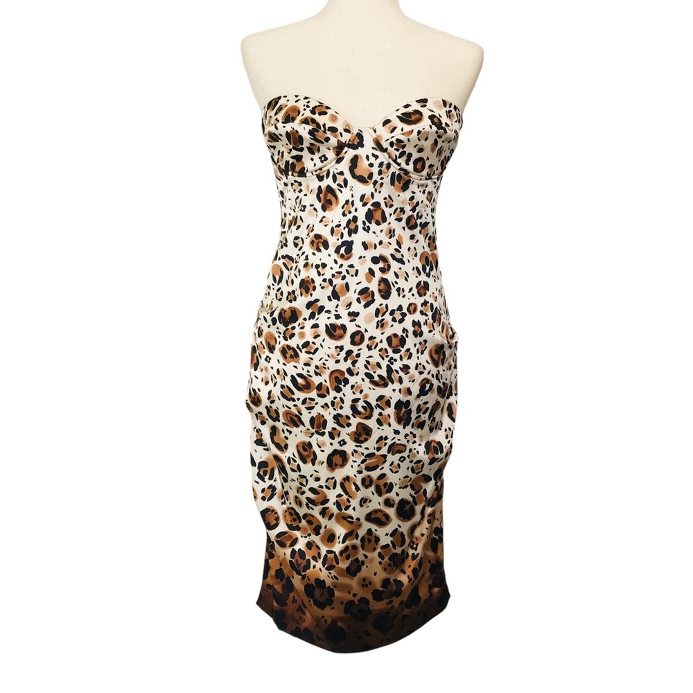 Nicole Miller Silk Dress Leopard Strapless Bustier Midi Sexy Size 8
